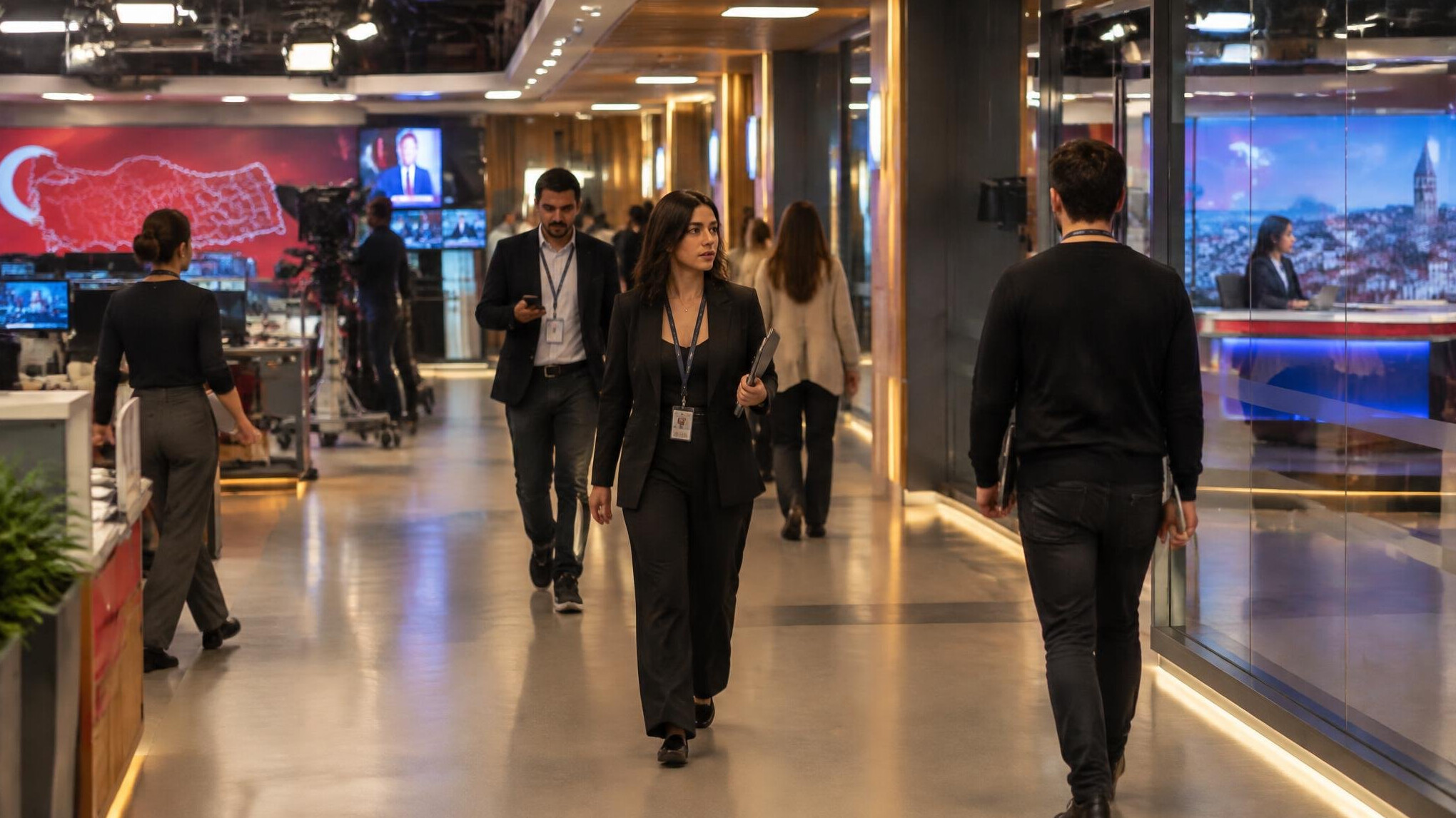 Newsroom corridor with staff walking between studio sets