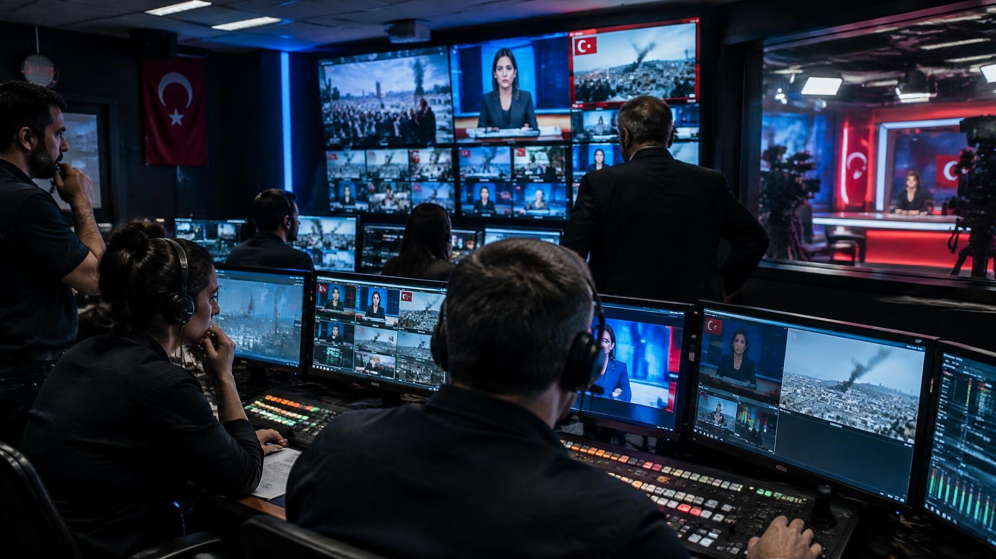 Television studio control room during a live broadcast