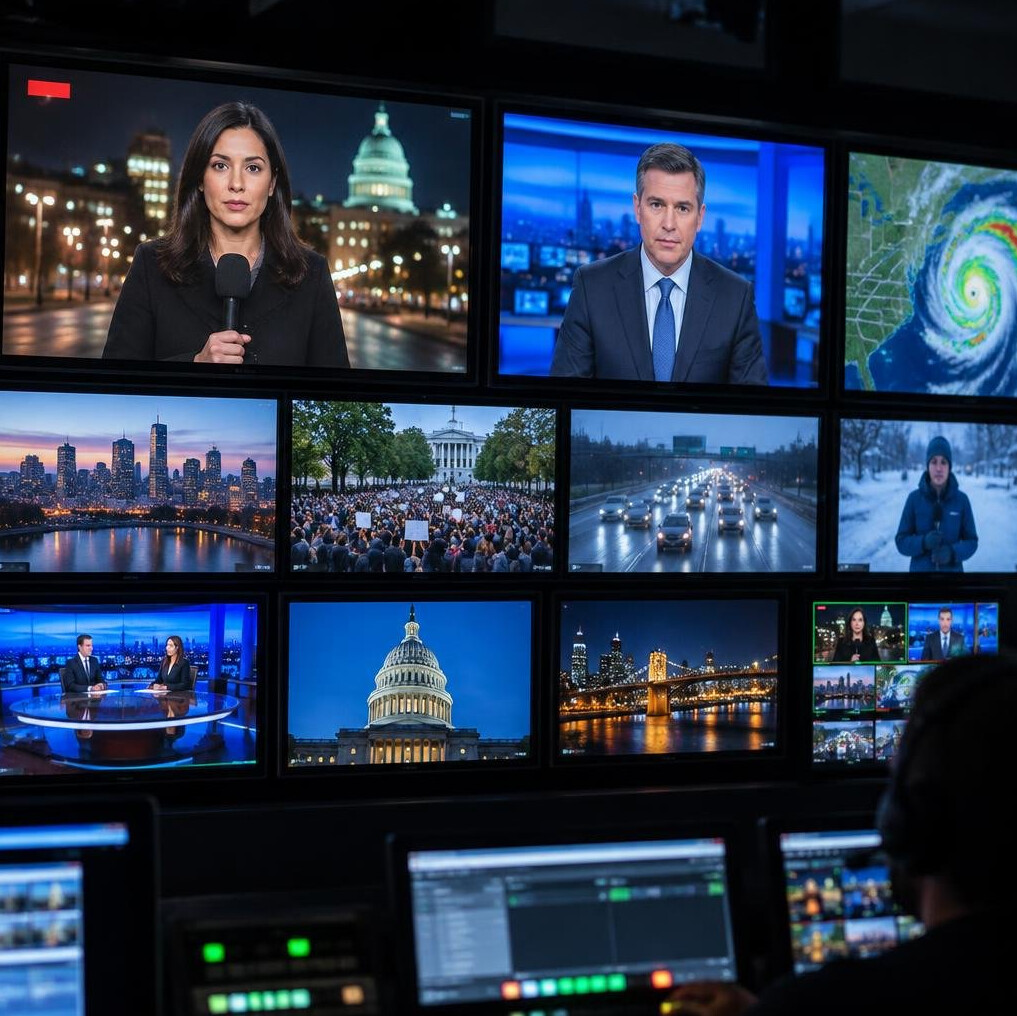 Wall of broadcast monitors showing multiple live news feeds
