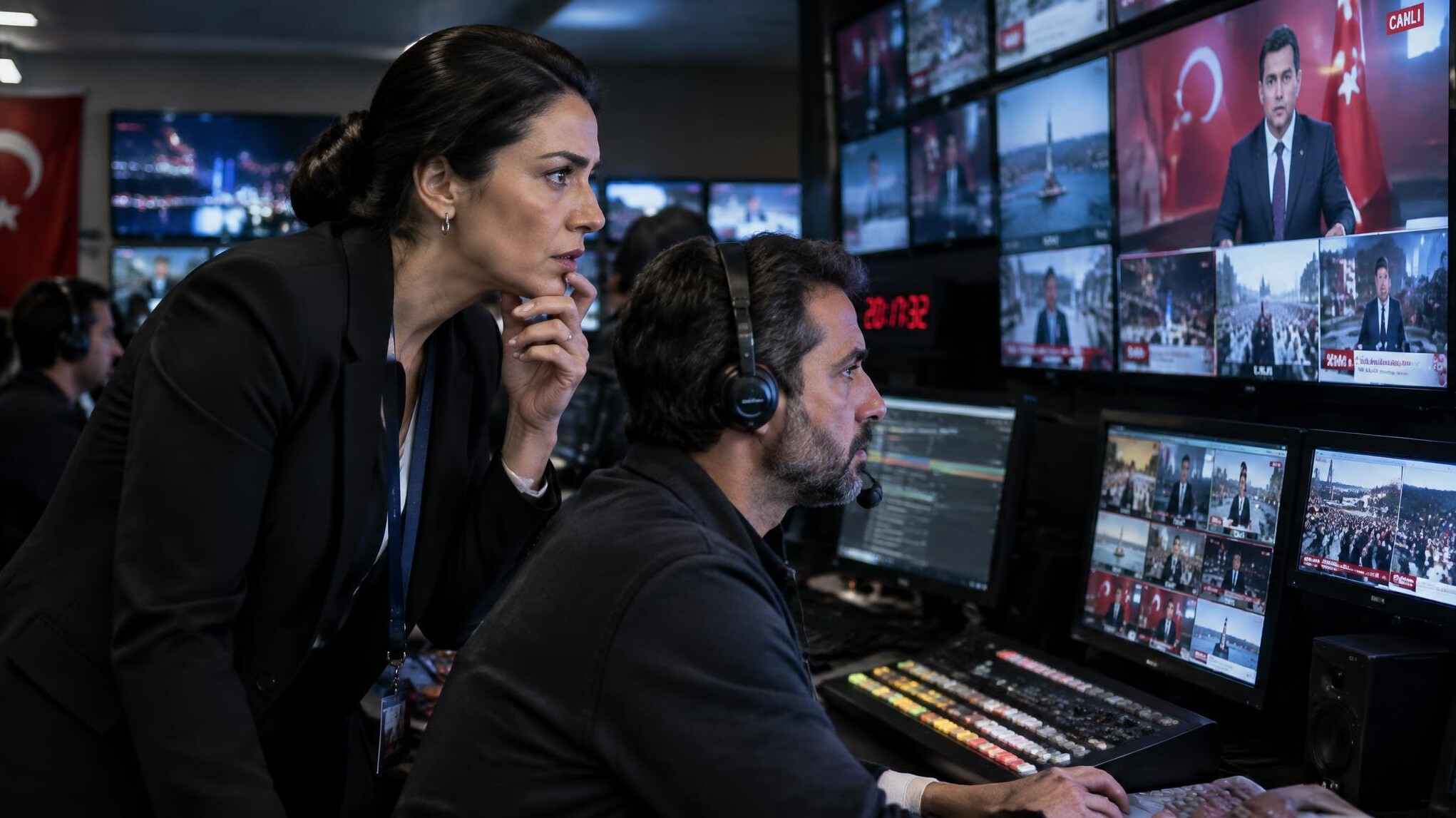 Consultant advising a director in a live broadcast control room